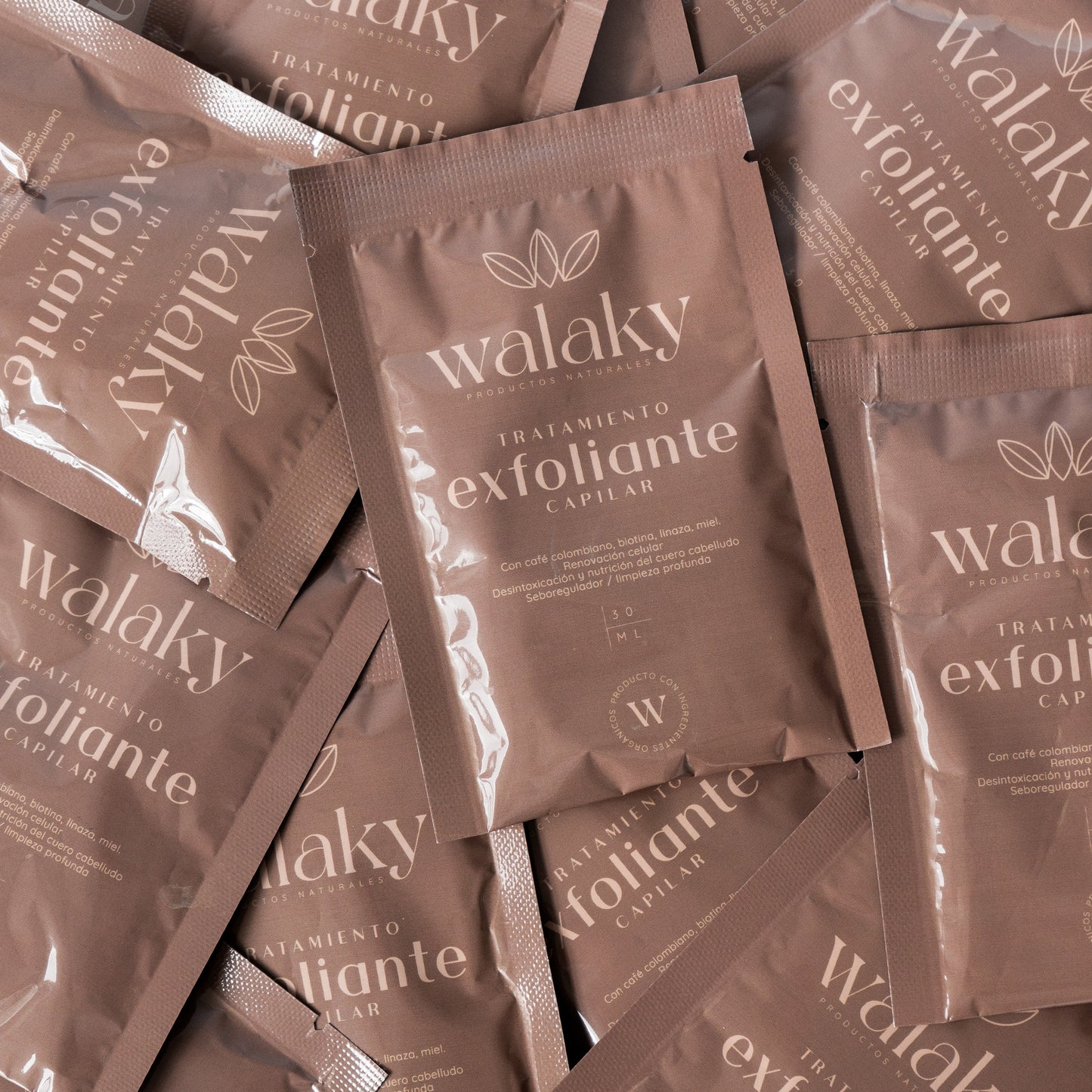 Aplicación exfoliante capilar natural Walaky en cuero cabelludo para eliminar residuos y sebo