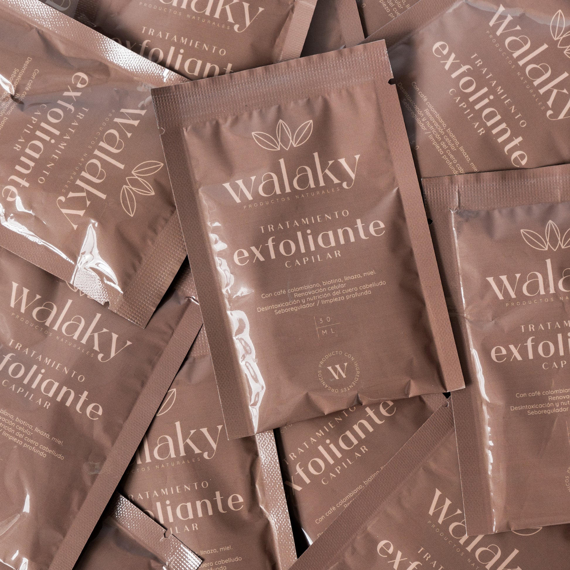 Aplicación exfoliante capilar natural Walaky en cuero cabelludo para eliminar residuos y sebo